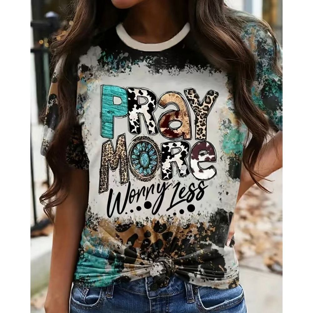 NEW SZ L “Pray More Worry Less” Western Leopard Print T-Shirt